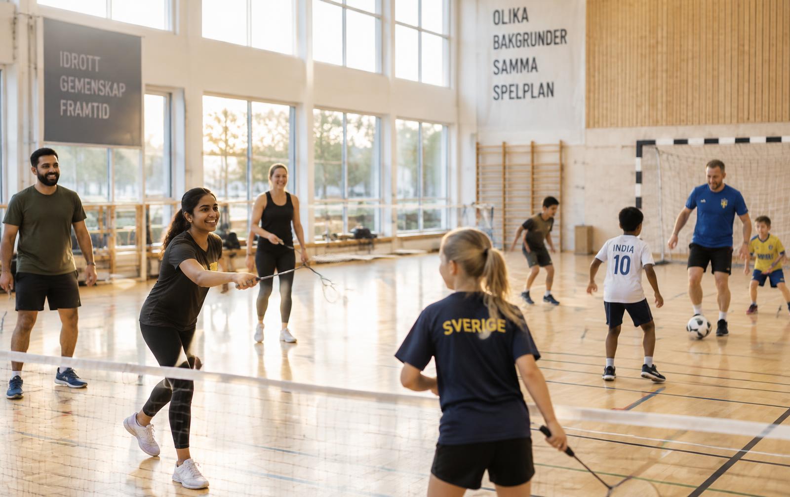 Members of the community playing badminton and football in a bright sports hall